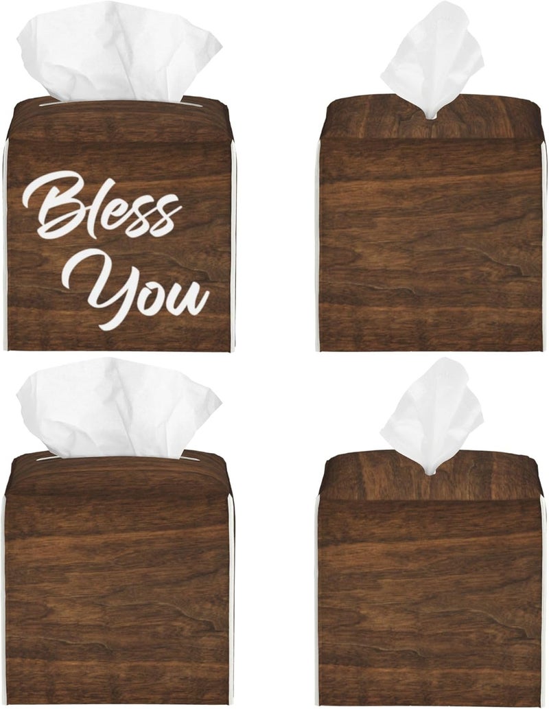sndheke Bless You Tissue Box Cover Square,Wooden Board Texture Tissue Box Holder Waterproof Leather Facial Paper Organizer Dispenser for Bathroom Home Car Nightstand Vanity Desk - Image 2